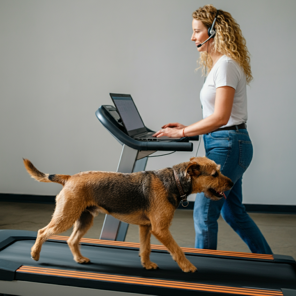 dog walking on treadmill while owner is working online